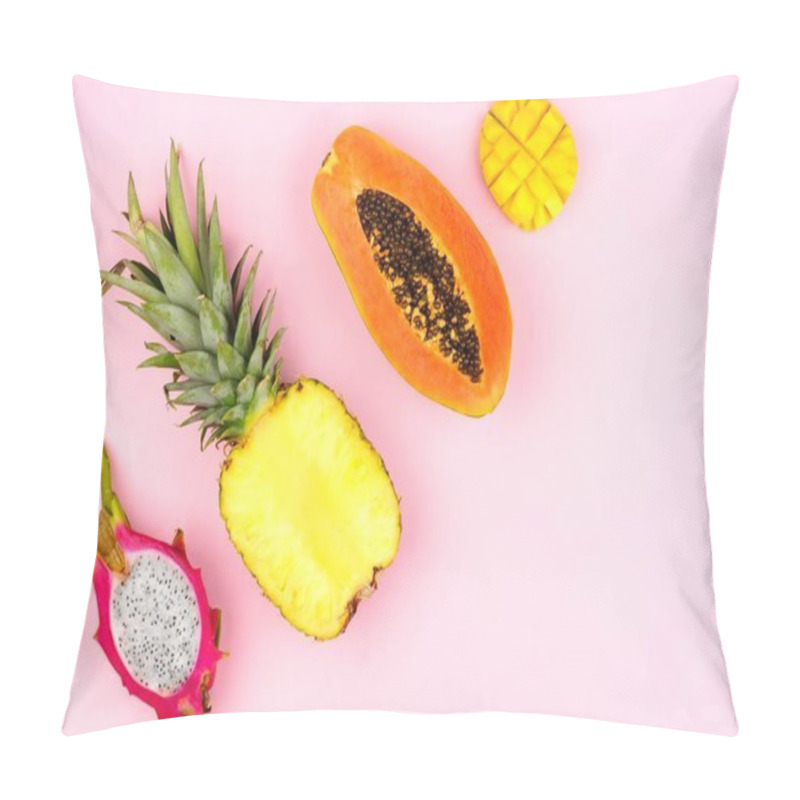 Personality  Tropical Fruit Flat Lay With Dragon Fruit, Pineapple, Papaya And Mango On A Pastel Pink Background. Corner Orientation. Pillow Covers