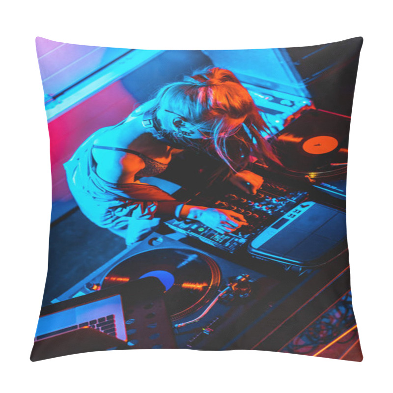 Personality  Overhead View Of Blonde Dj Girl Touching Dj Mixer In Nightclub Pillow Covers