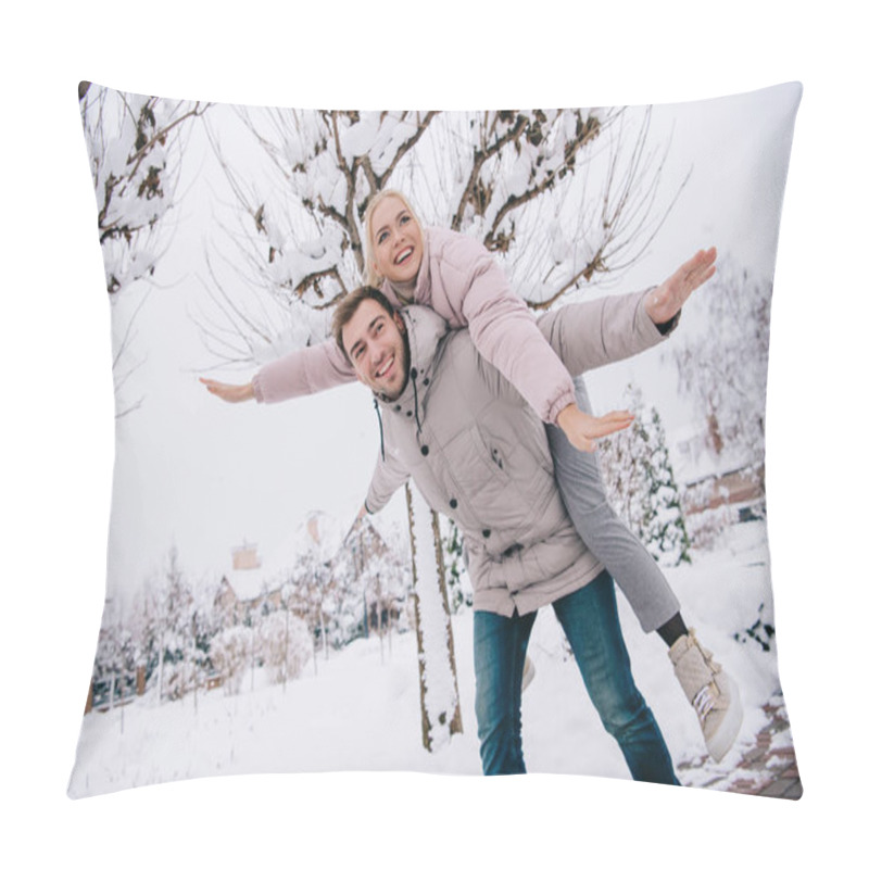 Personality  Playful Boyfriend Carrying Attractive Girl On Back In Winter   Pillow Covers