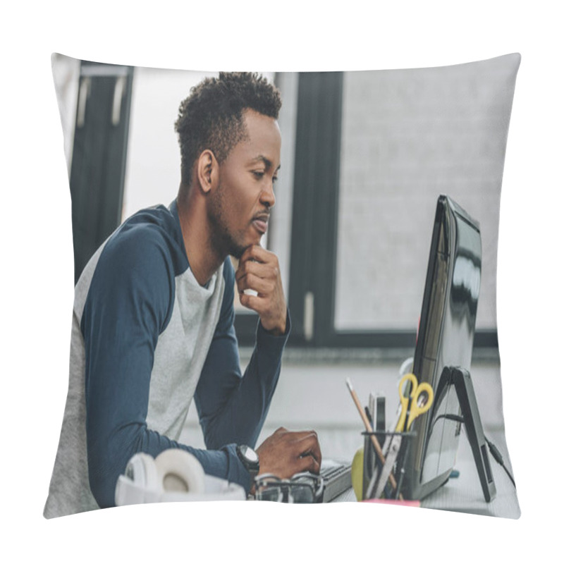 Personality  Attentive African American Programmer Working On Computer In Office Pillow Covers