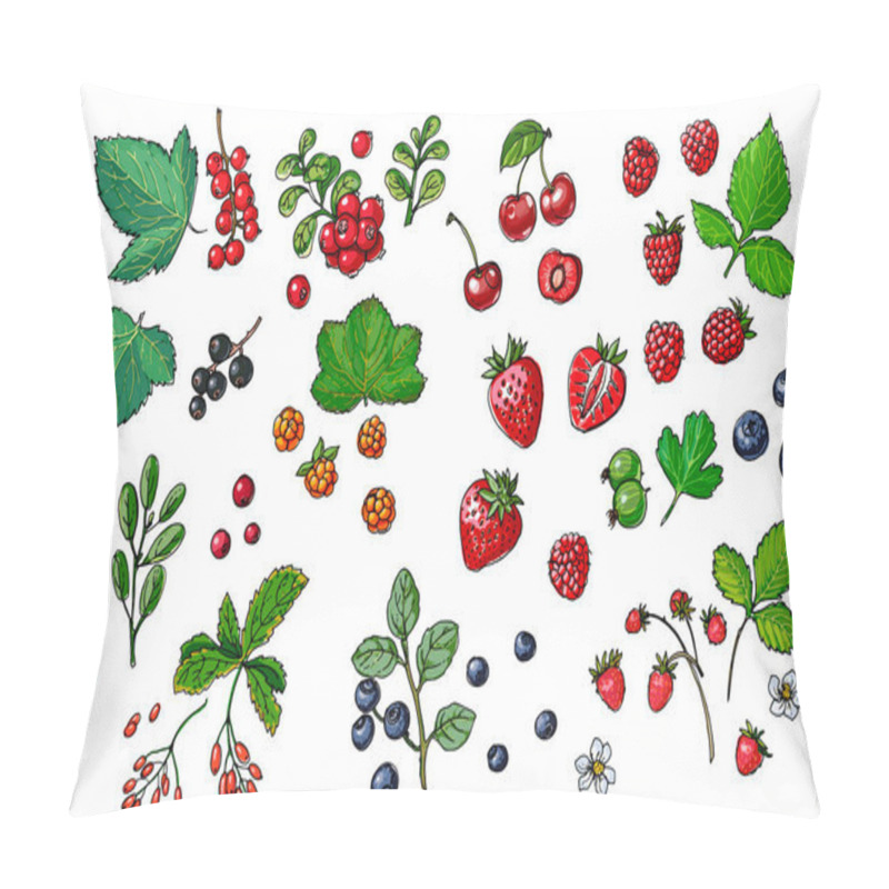 Personality  Berries And Leaves. Wild Berries Painted Line On A White Background. Cranberry, Cranberries, Currants, Raspberries, Strawberries, Blueberries Pillow Covers