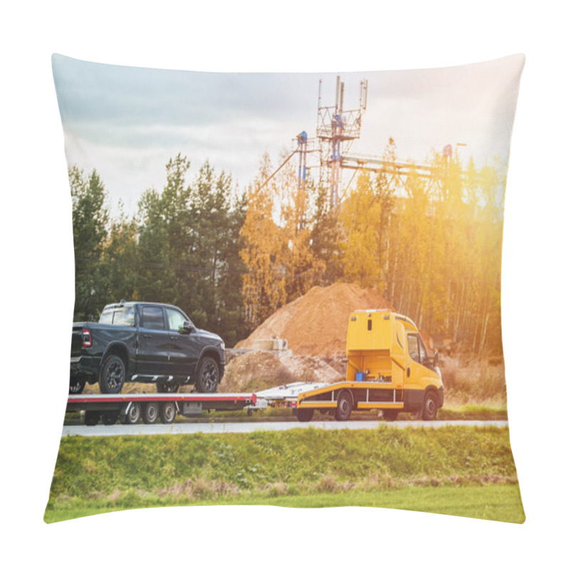 Personality  Tow Truck With A Broken Pick-up Truck On The Interstate Highway. Tow Truck Transporting Modern Crew Cab Truck On A Road. Roadside Rescue. Car Service Transportation Concept. Pillow Covers