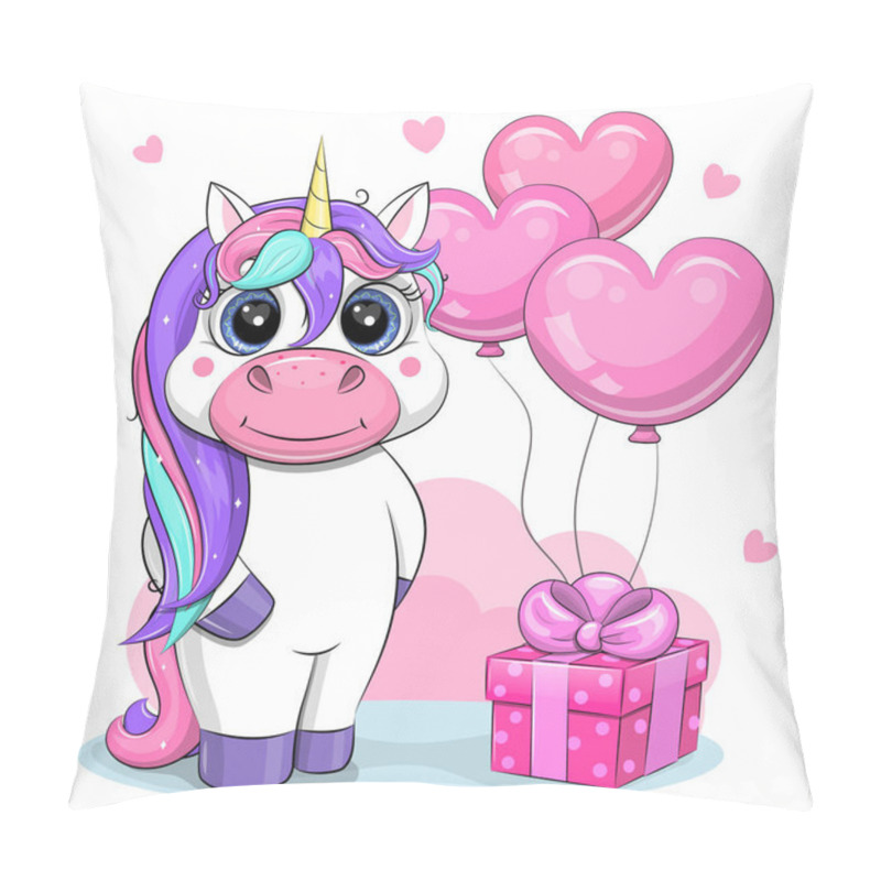 Personality  Cute Cartoon Unicorn With Pink Gift And Balloons. Vector Illustration Of An Animal. Pillow Covers