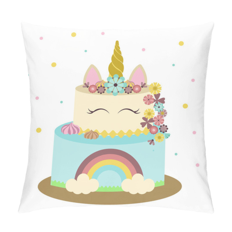 Personality  Vector Unicorn Cake On White Background. Holiday  Birthday Cake With Marshmallow  And Rainbow Made Of Cream. Pillow Covers