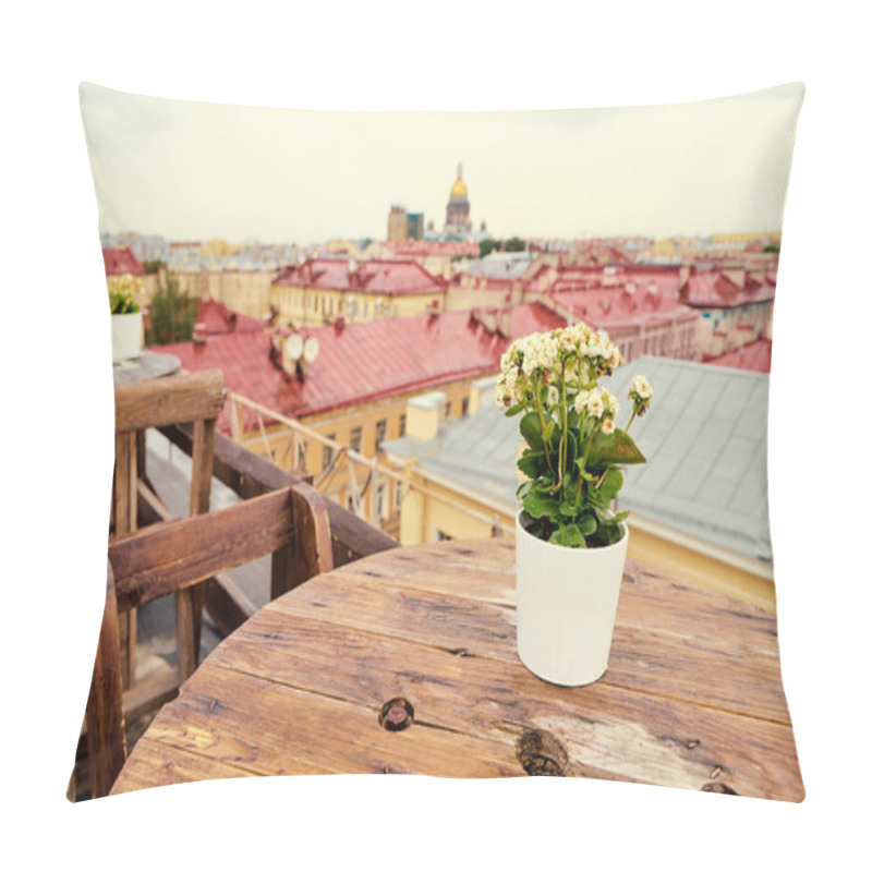 Personality  View Of The Cafe Terrace On The Roof Top With Beautiful View Of Saint Peterburg Old Town. Pillow Covers