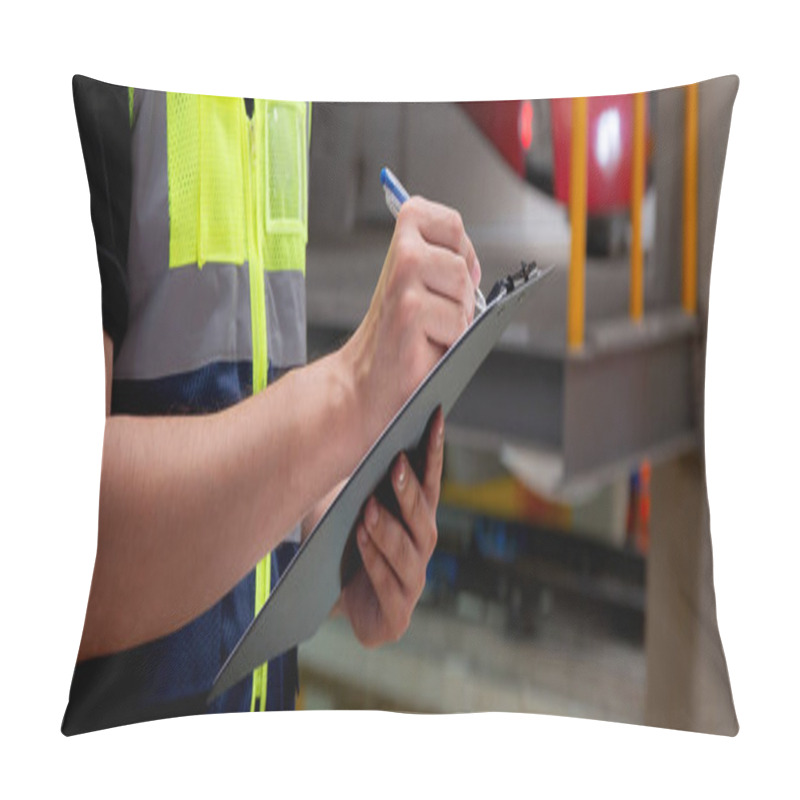 Personality  Closeup Hands Of Engineer Man Or Worker Checking Electric Train For Planning Maintenance And Writing Document On Clipboard In Station, Transport And Infrastructure, Inspector Check Service Transport. Pillow Covers