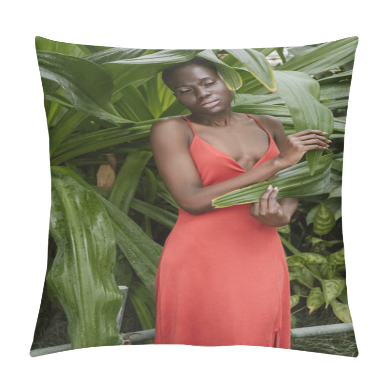 Personality  Beautiful African American Woman Posing In Red Dress In Tropical Garden Pillow Covers