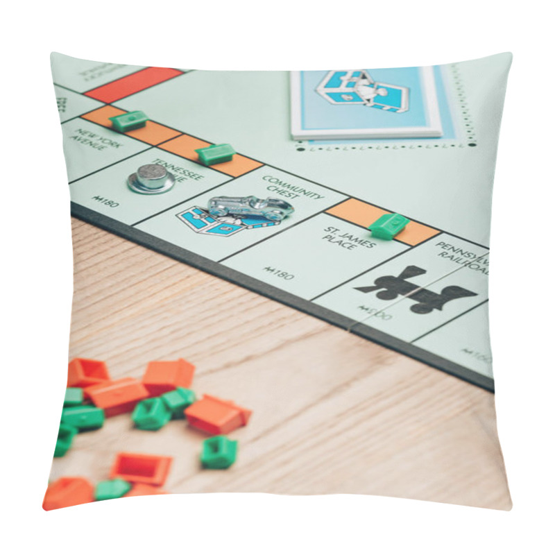 Personality  KYIV, UKRAINE - NOVEMBER 15, 2019: Selective Focus Of Monopoly Game With Cards And Figures On Table Pillow Covers