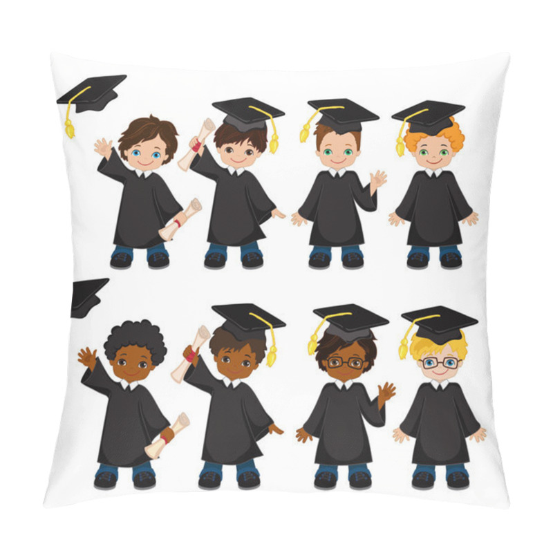 Personality  Boys. Set Of Children In A Graduation Gown And Mortarboard. Vector Illustration Of A Group Of Students And Graduates Of Kindergarten On A White Background. Pillow Covers