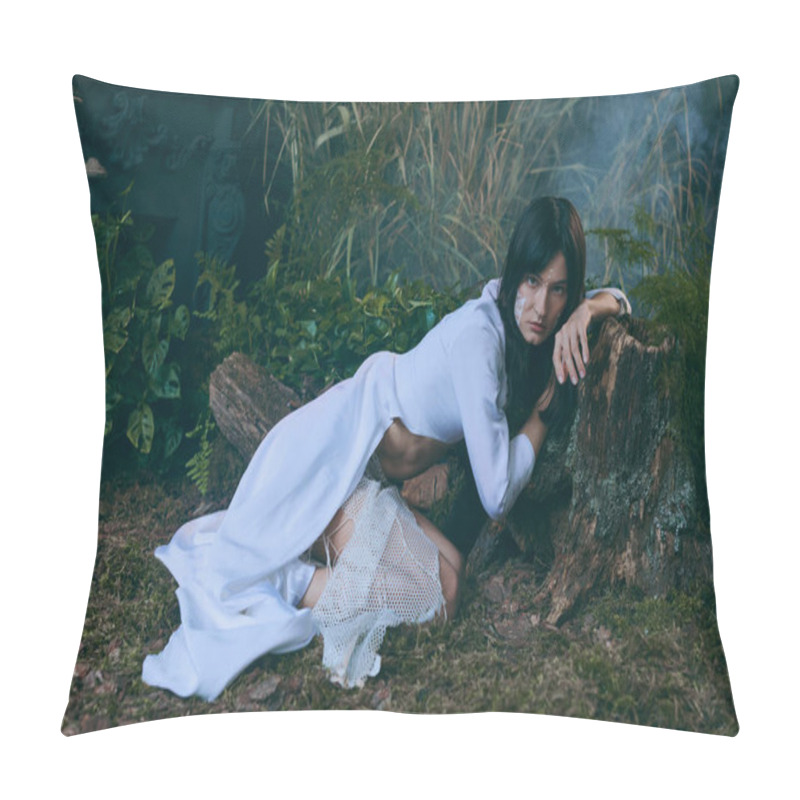 Personality  A Woman In A Flowing White Dress Poses Near A Swamp. Pillow Covers