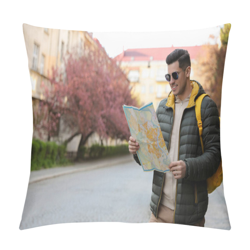 Personality  Happy Male Tourist With Map On City Street Pillow Covers