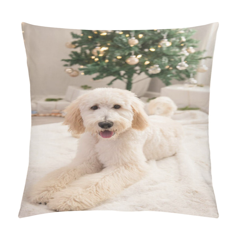 Personality  Golden Doodle Smiling And Laying Down In Front Of Christmas Tree Pillow Covers