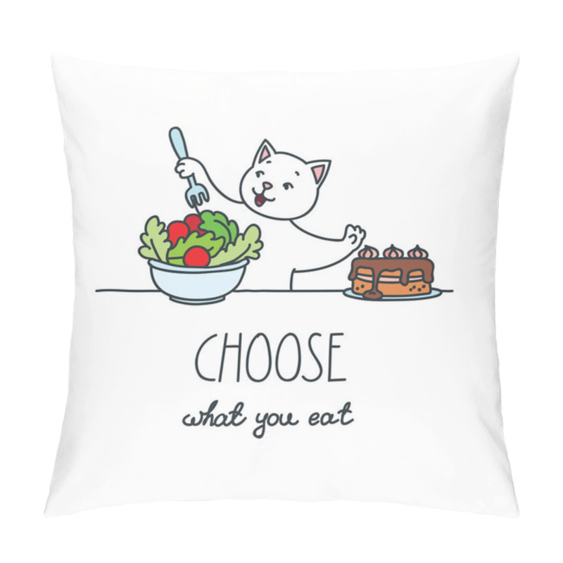 Personality  Choose What You Eat. Illustration Of Funny Happy Cat Eating Green Salad With Tomatoes And Rejecting Unhealthy Food. Dieting Or Good Health Concept. Vector 8 EPS. Pillow Covers