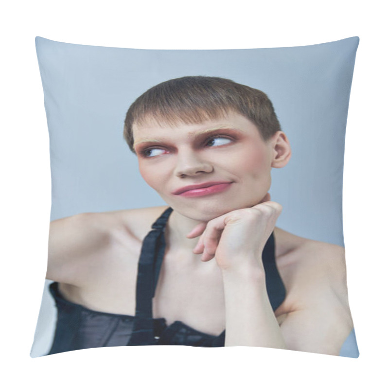 Personality  Queer Person With Makeup Looking Away On Grey, Androgynous Model, Self Expression, Skeptical Pillow Covers