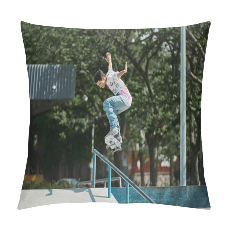 Personality  A Young Skater Boy Flying Through The Air While Riding A Skateboard In A Vibrant Outdoor Skate Park On A Sunny Summer Day. Pillow Covers