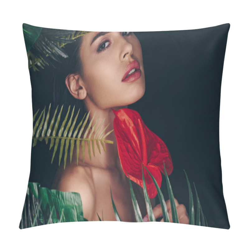 Personality  Attractive Woman With Red Anthurium Looking At Camera Near Green Leaves Isolated On Black Pillow Covers