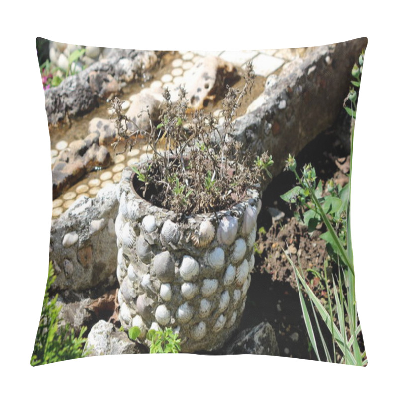 Personality  Homemade Concrete Flower Pot Covered With Shells Filled With Dried Plants In Local Home Garden Surrounded With Improvised Stream And Other Plants On Warm Sunny Summer Day Pillow Covers