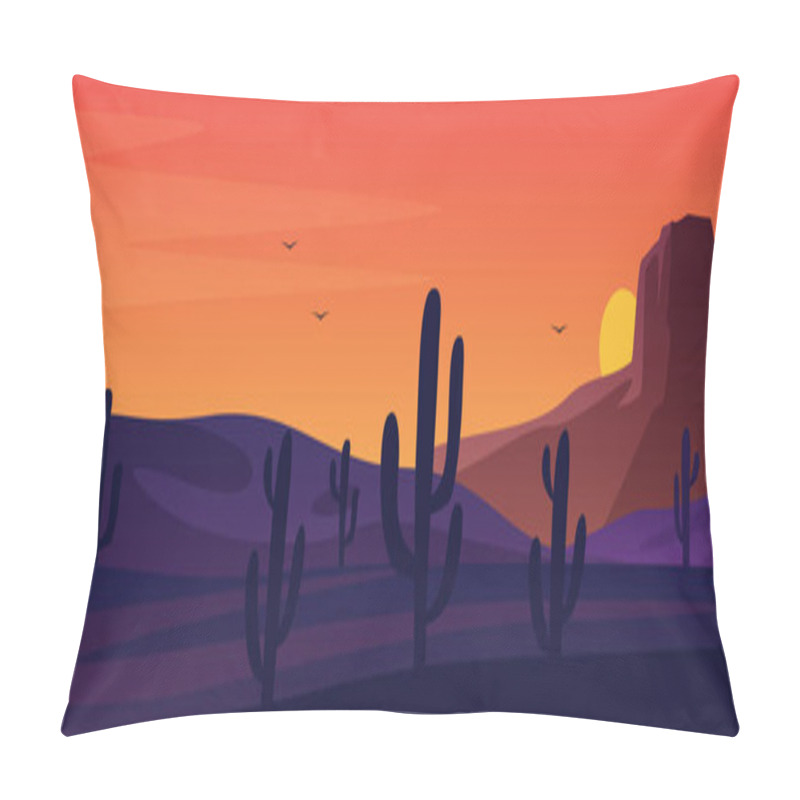 Personality  Texas Or Mexican Desert Panorama Landscape. American Traditional Nature Background. Vector Prairie Landscape With Sun And Cactuses. Retro Arizona Western Day Sunset For Print, Poster Or Wall Picture. Pillow Covers