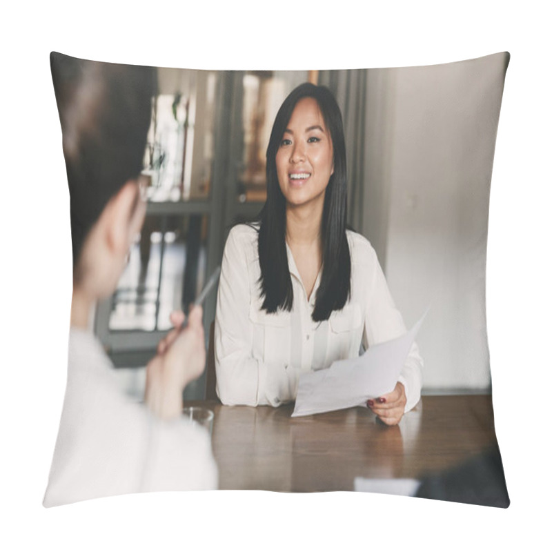 Personality  Business, Career And Placement Concept - Joyful Asian Woman Smiling And Holding Resume While Sitting In Front Of Directors During Corporate Meeting Or Job Interview Pillow Covers