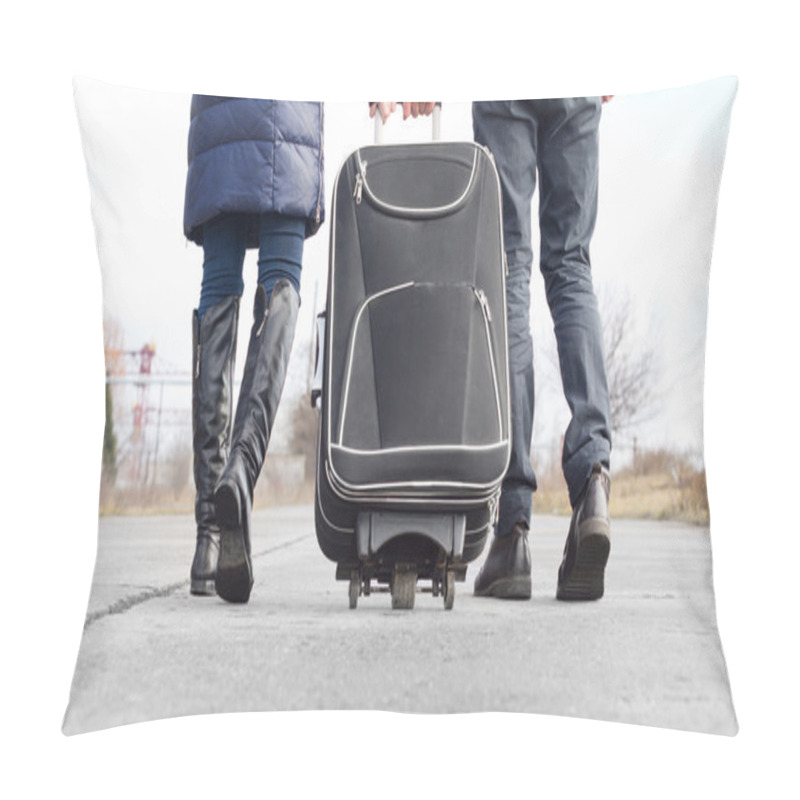 Personality  Low Angle View Of A Couple Pulling A Suitcase Pillow Covers