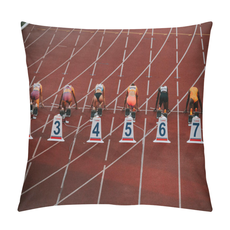 Personality  OSTRAVA, CZECHIA, MAY 28, 2024: Elite Female Sprinters At The 100-Meter Starting Line. Track And Field Sport Photo. Back View. Pre Race Before Summer Olympics Paris 2024 And European Championship Pillow Covers