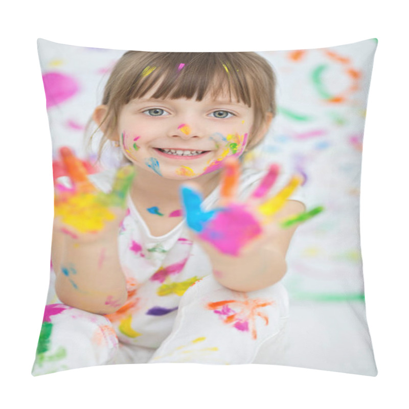 Personality  Portrait Of A Cute Cheerful Happy Little Girl Showing Her Hands Painted In Bright Colors Pillow Covers