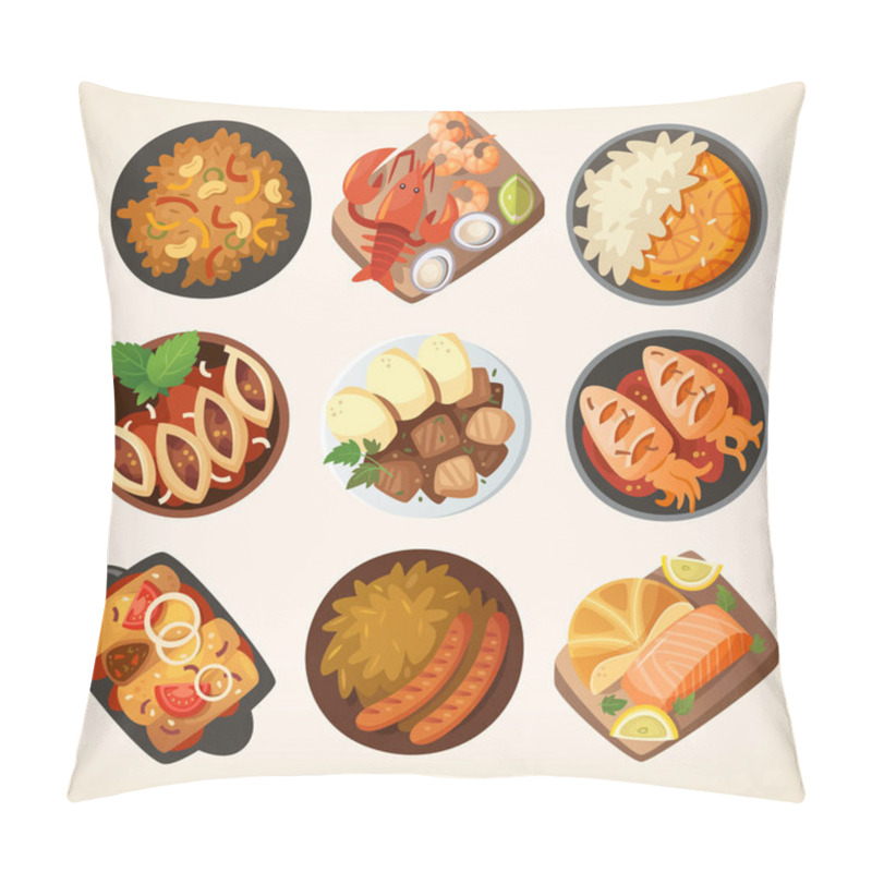 Personality  Dinner Table Closeup. Top View On Classic Dinner Dishes From Different Countries Of The World. Food From National Cuisines On A Table. View From Above. Isolated Vector Illustrations. Part 3/3 Pillow Covers