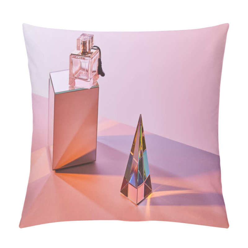 Personality  Crystal Transparent Pyramid Near Perfume Bottle On Cube On Pink Background Pillow Covers