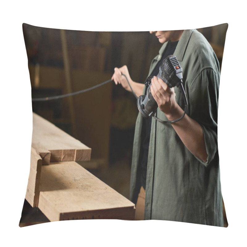 Personality  A Dedicated Carpenter Utilizes Power Tools To Shape Wooden Materials While Surrounded By Woodworking Equipment. Pillow Covers