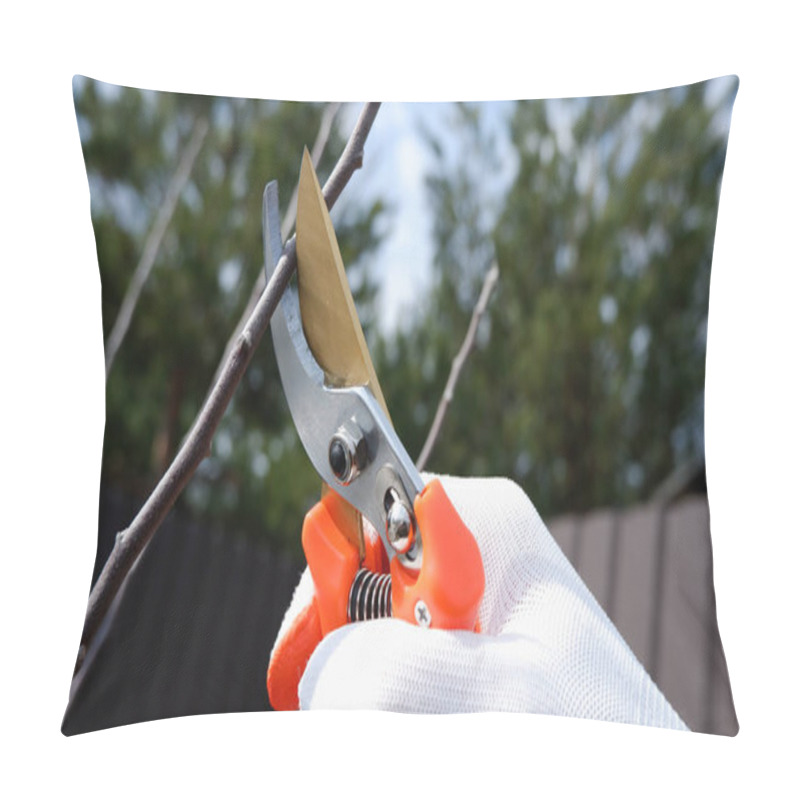 Personality  Pruning The Garden In Early Spring. A Hand In A Working Glove With A Pruner Cuts Off The Branches Of An Apple Tree. Caring For Fruit Trees In The Garden. Pillow Covers