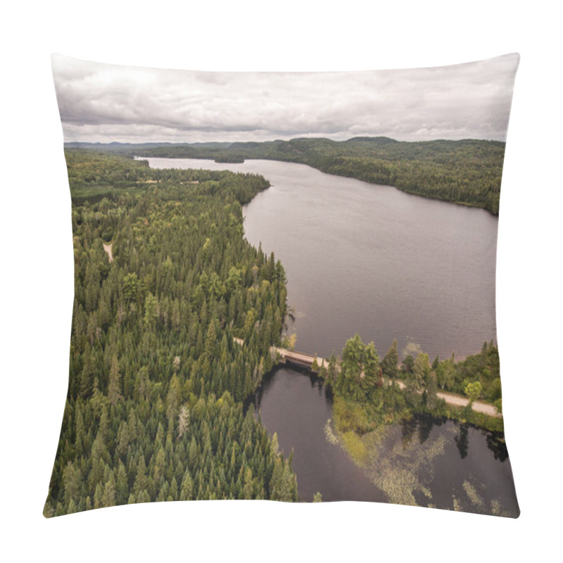 Personality  Wild Huge Pine Tree Forest And Lake Divides Old Wooden Bridge In Canada Camping Pillow Covers