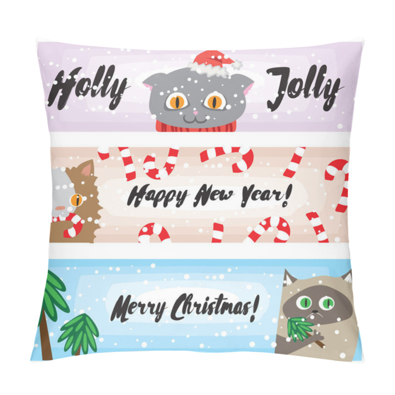 Personality  Vector Christmas Banners With Funny Cats. Cute Kittens New Years Background Collection. Cartoon Holiday Template For Your Design. Illustrted Banners For Website Pillow Covers