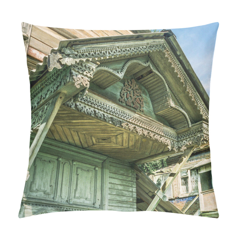 Personality  Canopy over main entrance of old wooden house from times of Russian Empire There are carved decorations on facade decor. Architecture of European part of Russia . For various reasons, these old houses are getting smaller and smaller every year. pillow covers