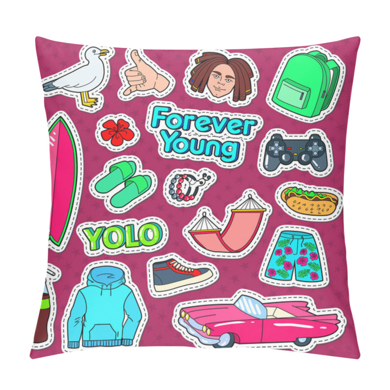 Personality  Teenager Lifestyle Doodle With Surf, Pink Car And Fast Food Fot Stickers, Patches And Badges. Vector Illustration Pillow Covers