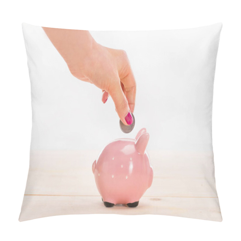 Personality  Hand Putting Coin In Piggy Bank  Pillow Covers