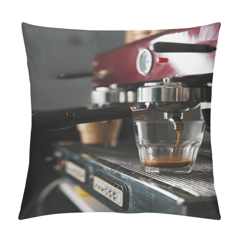 Personality  Close-up View Of Professional Coffee Maker And Glass Cup With Espresso  Pillow Covers