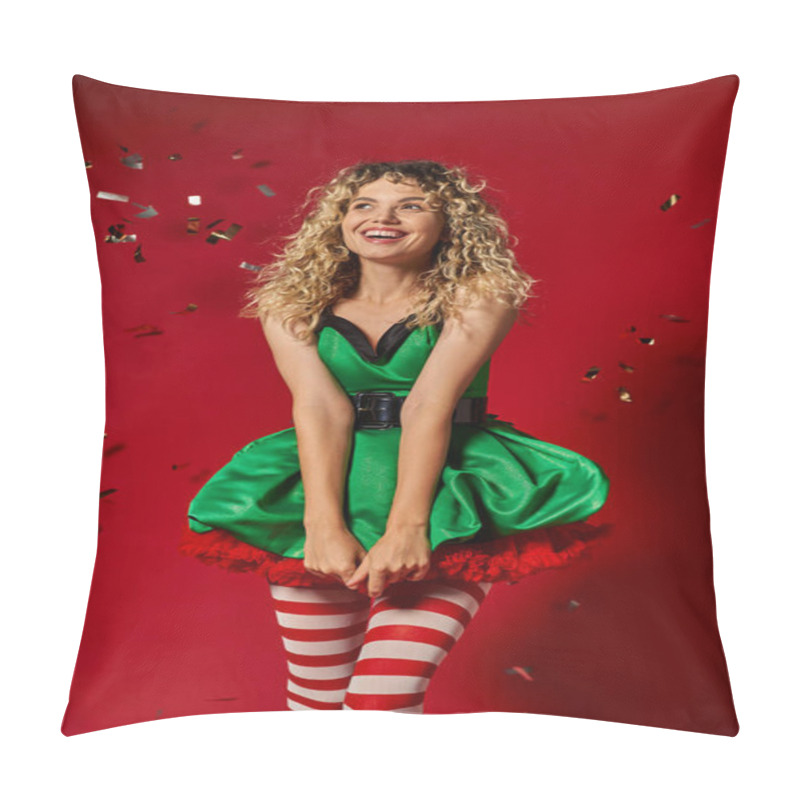 Personality  Beautiful Woman In Dress Posing Under Confetti Rain Smiling And Looking Away, New Year Elf Concept Pillow Covers