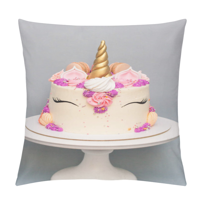 Personality  Unicorn Cake With Golden Horn, Pink, Violet And Peach Cream Cheese Decoration On Grey Background Pillow Covers