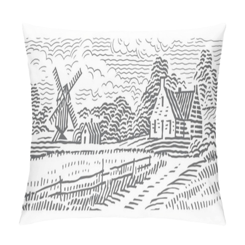 Personality  The House And The Windmill In Rural Landscape Monochrome Line Engraving Style Illustration. Vector. Pillow Covers