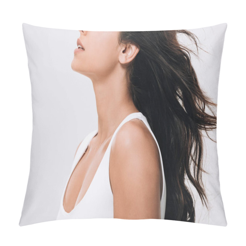 Personality  Cropped View Of Brunette Beautiful Woman With Long Healthy And Shiny Hair Isolated On Grey Pillow Covers