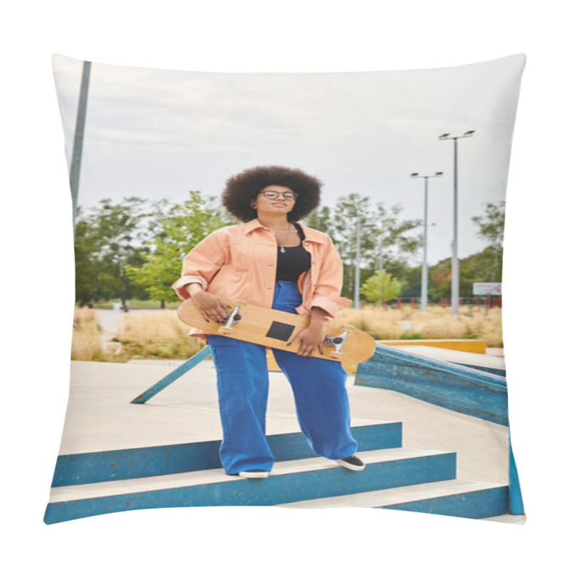 Personality  A Young African American Woman With Curly Hair Confidently Holds A Skateboard While Standing On Steps Outdoors. Pillow Covers