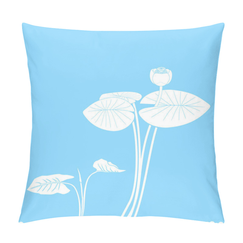 Personality  White Silhouette Of Water-lily Plant With Leaves And Flower On Blue Background Pillow Covers