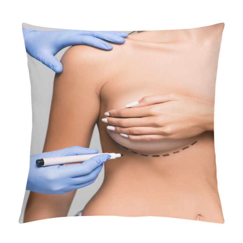 Personality  Cropped View Of Plastic Surgeon Holding Marker Near Breast Of Young Woman Isolated On Grey  Pillow Covers