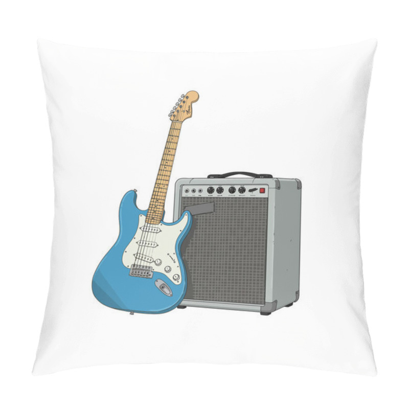 Personality  A Vibrant Blue Electric Guitar Rests Beside Its Amplifier, Ready To Rock. Perfect For Music Websites, Posters, Or Album Art. Pillow Covers