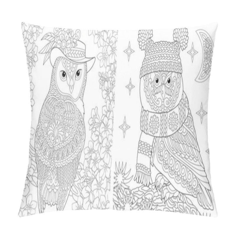 Personality  Coloring Pages. Two Owls In Cute Hats Showing Different Seasons: Spring And Winter. Line Art Design For Adult Colouring Book With Doodle And Zentangle Elements. Vector Illustration. Pillow Covers