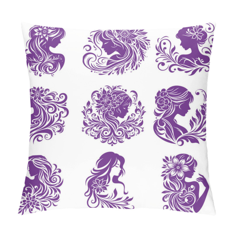 Personality  Elegant Style Of Women With Floral Patterns In Purple Vector Art Pillow Covers