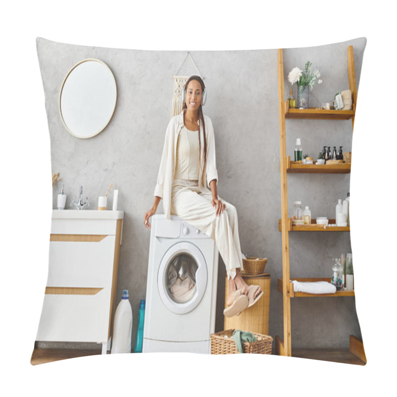 Personality  An African American Woman With Afro Braids Sits Confidently On A Washing Machine Doing Laundry In A Bathroom. Pillow Covers