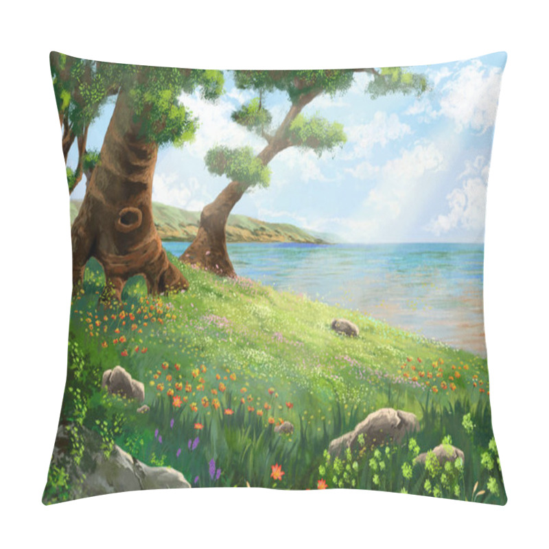 Personality  River Bank With Flowers And Trees. Video Games Digital CG Artwork, Concept Illustration, Realistic Cartoon Style Background Pillow Covers