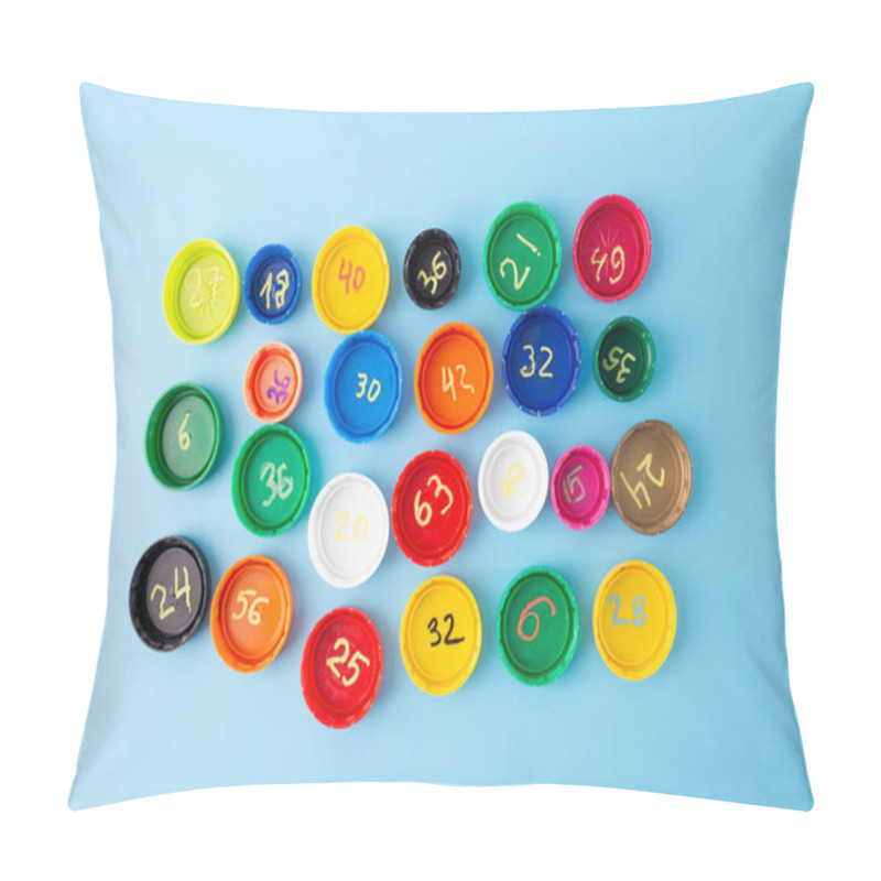 Personality  Colorful Bottle Caps With Multiplication Exercises On Blue Background, Flat Lay Educational Concept, Engaging Math Learning, Classroom Math Activity For Kids, Multiplication Table Practice, Home Math  Pillow Covers