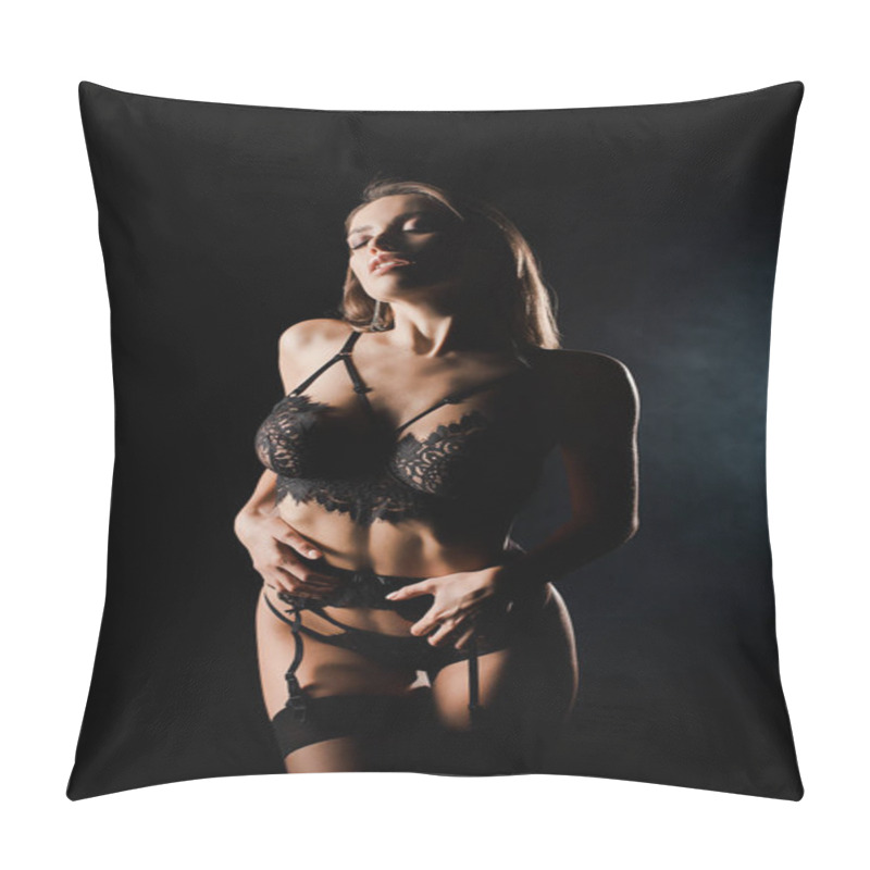 Personality  Seductive Woman In Lace Underwear Standing On Black With Smoke  Pillow Covers